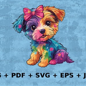 Colorful Yorkie Dog Digital Art, Cute Illustrated Puppy with Bow SVG, png, pdf, EPS Formats, jpeg