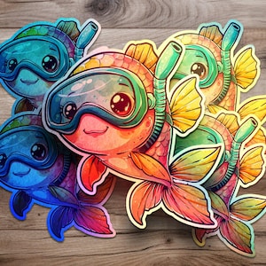 Adorable Fish Snorkeling Stickers Holographic Die-cut Transparent Die-Cut Sticker Sheets Cute Cartoon Animal Decal Pack