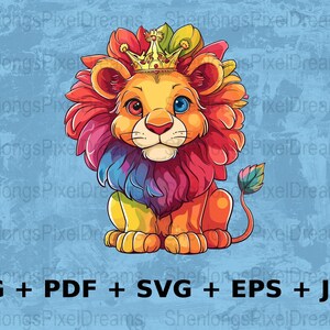 Colorful Cartoon Lion King Digital Art, Crowned Lion SVG, png, pdf, EPS Files, jpeg