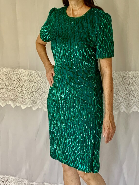 Smashing Emerald Green 1980's Sequin Wiggle Dress… - image 2