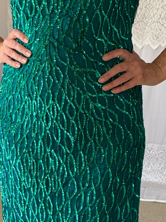 Smashing Emerald Green 1980's Sequin Wiggle Dress… - image 3