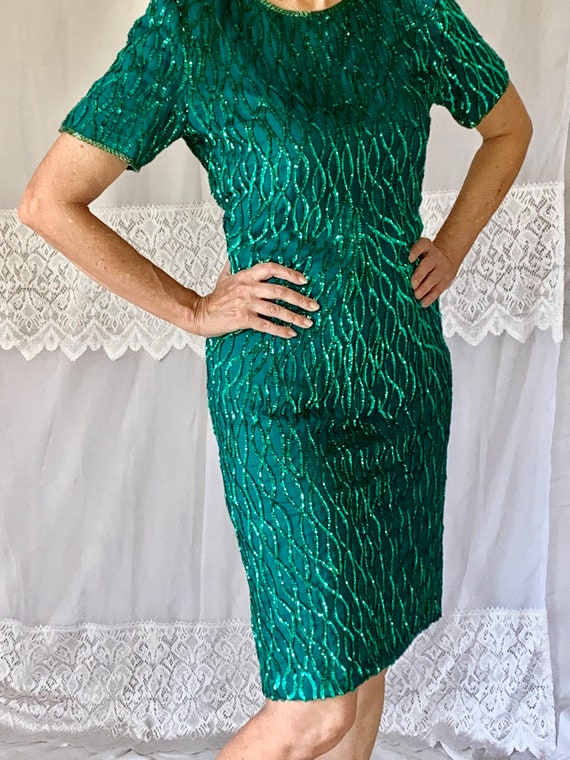 Smashing Emerald Green 1980's Sequin Wiggle Dress 