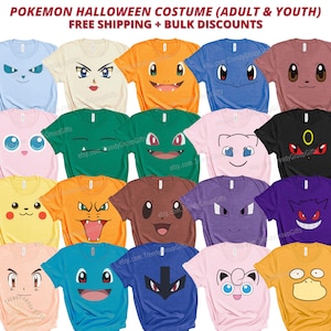 May include: A collection of colorful t-shirts featuring various Pokémon character designs. The shirts are in a variety of colors, including blue, orange, green, pink, and brown. The text "POKEMON HALLOWEEN COSTUME (ADULT & YOUTH)" is at the top.