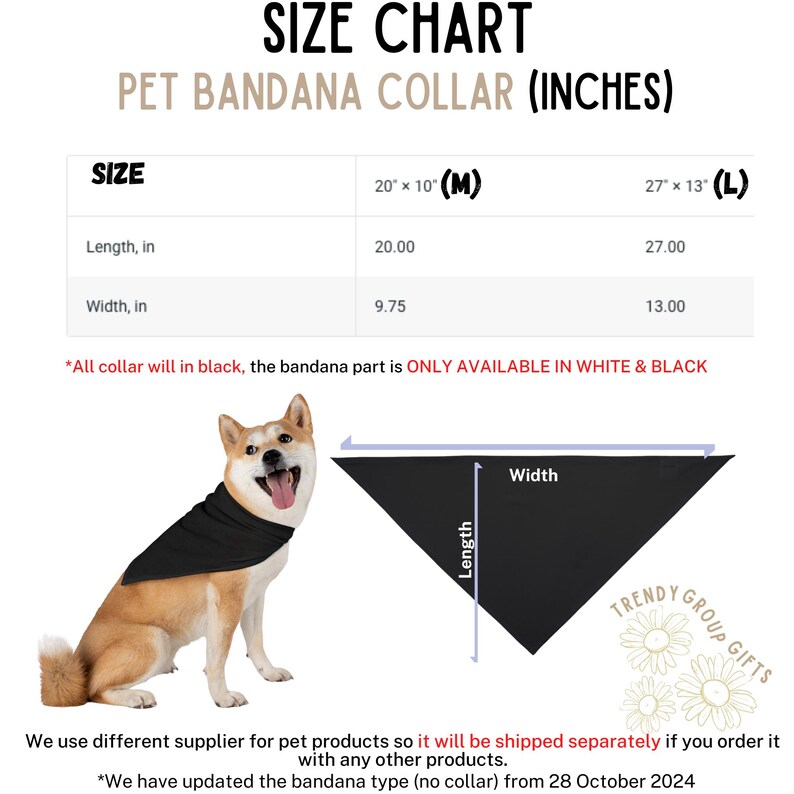 May include: A size chart for pet bandanas, with measurements in inches. The chart includes sizes M and L, with dimensions for length and width. A dog is wearing a black bandana. The text on the image says "PET BANDANA COLLAR (INCHES)".