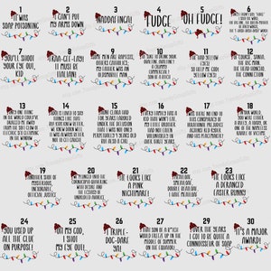 May include: A collection of 30 humorous quotes and phrases, each displayed on a white background with a festive Christmas light border and a Santa hat icon. The text includes phrases like "Oh Fudge!" and "It's a Major Award!"