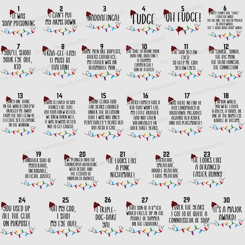 May include: A collection of 30 humorous quotes and phrases, each displayed on a white background with a festive Christmas light border and a Santa hat icon. The text includes phrases like "Oh Fudge!" and "It's a Major Award!"