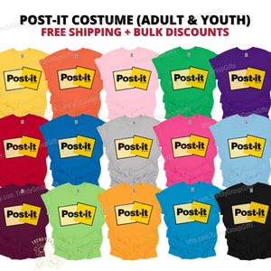 May include: A collection of colorful t-shirts, each featuring a large "Post-it" logo, designed as a costume. The shirts come in various colors, including yellow, orange, pink, green, purple, red, blue, gray, and black.