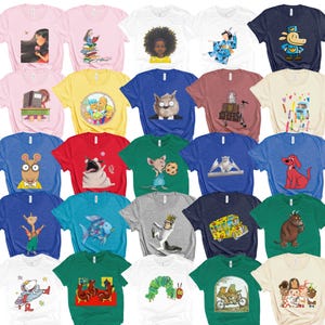 May include: A collection of twenty-five short-sleeved t-shirts in various colors, each featuring a unique, colorful illustration of a popular children's book character or scene, including animals, fantasy figures, and whimsical storybook motifs.