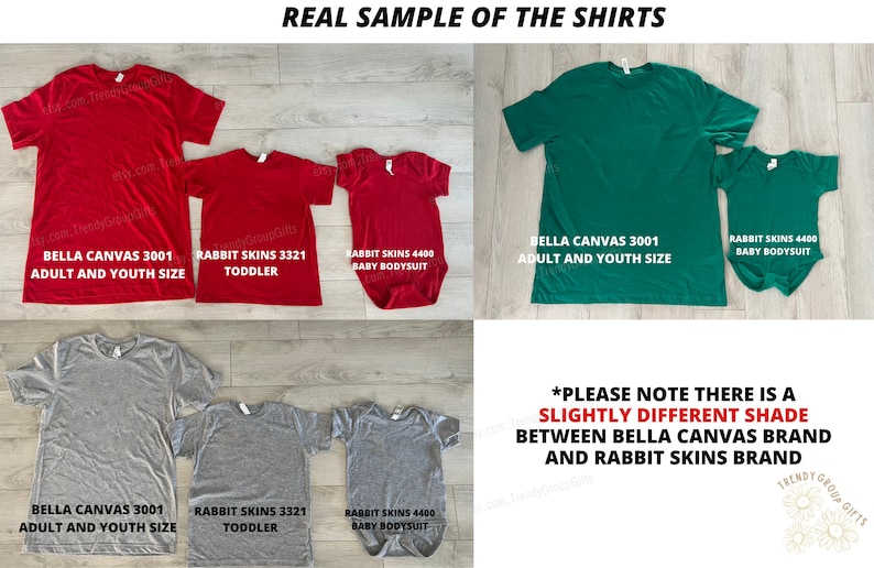 May include: A collection of red, green, and gray t-shirts and a baby bodysuit. The shirts are labeled with brand names and sizes, including "BELLA CANVAS 3001" and "RABBIT SKINS 3321". The text on the image says "REAL SAMPLE OF THE SHIRTS".