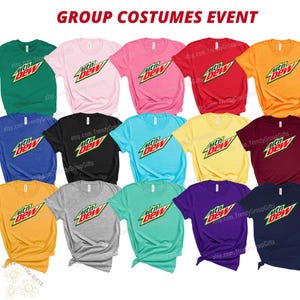 May include: A collection of short-sleeved t-shirts in various colors, each featuring the "Mtn Dew" logo in green, red, and white. The text "GROUP COSTUMES EVENT" is displayed at the top. The shirts are arranged in rows.
