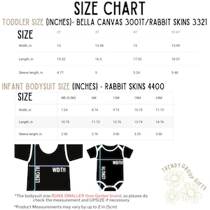 May include: Size chart for toddler and infant bodysuits, with measurements in inches. Includes width, length, and sleeve length for various sizes. The chart also features illustrations of the garment and the Trendy Group Gifts logo.