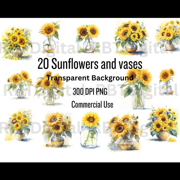 Watercolor Sunflowers Vases & Jars Floral Decor for Invitations Scrapbooking Unique Gifts  Nature Inspired Botanical Illustrations Art