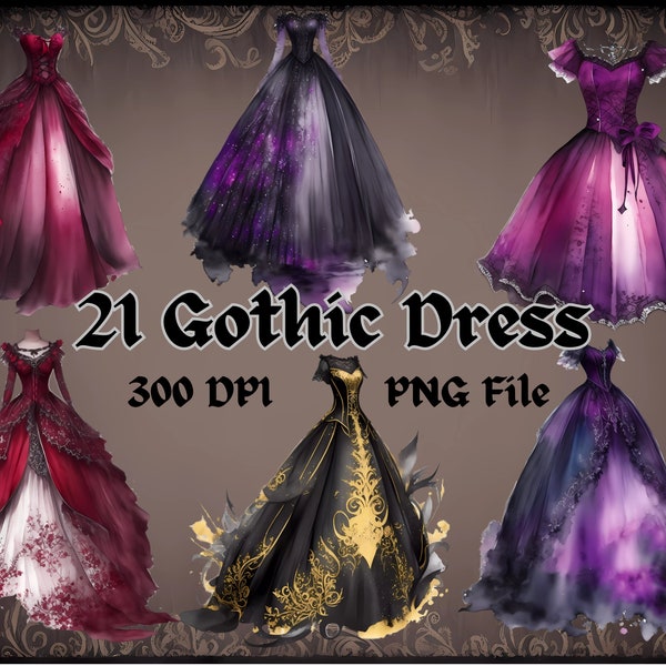 Retro Gothic Dress Clipart - Vintage-Inspired Digital Illustration for Scrapbooking, Gothic Wedding Decor, and Elegant Invitation Design