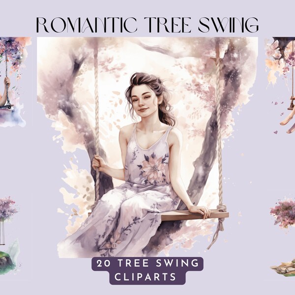 Watercolour Romantic Tree Swing clipart bundle, Tree Swing bundle, beautiful and romantic scene, aesthetic, png, clipart bundle, spring