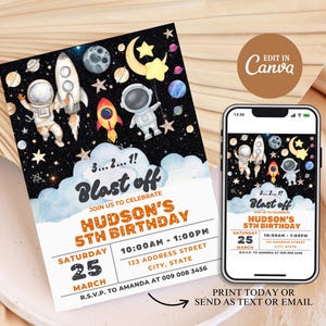 Invitación de cumpleaños espacial, plantilla editable de invitación de cumpleaños espacial, invitación de galaxia, plantilla editable para fiesta, invitación de planetas