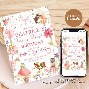 Convite de primeiro aniversário de fada, decorações de aniversário, modelo de jardim, convite de aniversário de fada editável, download instantâneo de festa de princesa