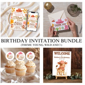 Jeune sauvage et trois anniversaire pour fille, plaque de bienvenue, décoration de petit gâteau, carte de remerciement, fête d'anniversaire de 3e anniversaire de cow-girl, téléchargement numérique