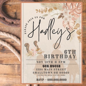 Customizable Horse Themed Birthday Digital Invitation for Girls ••