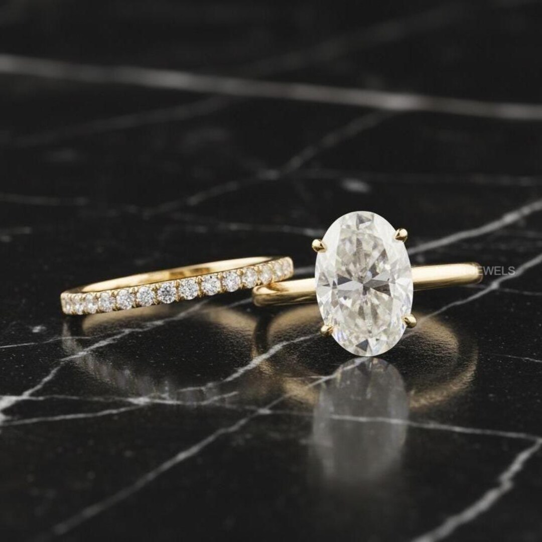 Oval Moissanite Wedding Ring Set, 14K Yellow Gold Pave Band Bridal ...