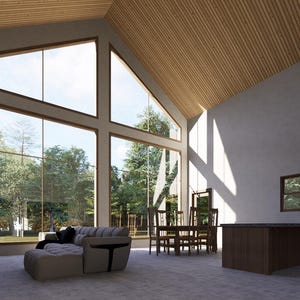 Pode incluir: Uma grande sala de estar com um teto abobadado e grandes janelas com vista para uma &aacute;rea arborizada. A sala &eacute; mobiliada com um sof&aacute; seccional cinza, uma mesa de caf&eacute; e uma mesa de jantar com cadeiras. As paredes s&atilde;o pintadas de cinza claro e o piso &eacute; de cor marrom claro.