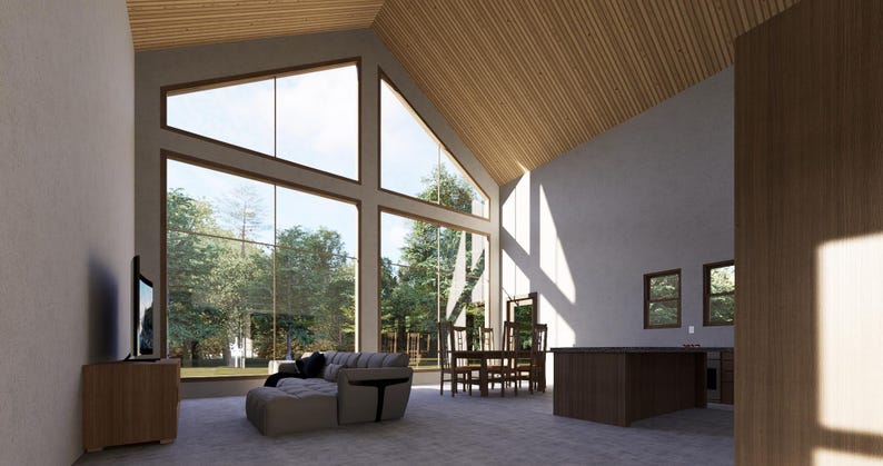 Pode incluir: Uma grande sala de estar com um teto abobadado e grandes janelas com vista para uma &aacute;rea arborizada. A sala &eacute; mobiliada com um sof&aacute; seccional cinza, uma mesa de caf&eacute; e uma mesa de jantar com cadeiras. As paredes s&atilde;o pintadas de cinza claro e o piso &eacute; de cor marrom claro.