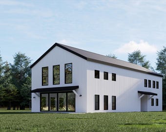 May include: A white two-story house with black trim and windows. The house has a modern farmhouse style with a pitched roof and a large front porch.