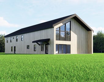 May include: A modern two-story house with a light wood exterior and a black roof. Large windows provide ample natural light. The house is set on a green lawn with trees in the background.