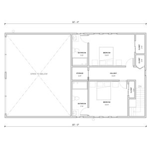 Pode incluir: Um plano de planta em preto e branco de uma casa com dois quartos, dois banheiros, um corredor e um dep&oacute;sito. A casa tem 9,14 metros por 15,24 metros.