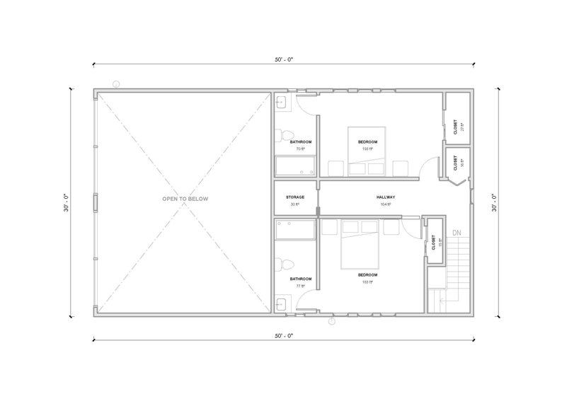 Pode incluir: Um plano de planta em preto e branco de uma casa com dois quartos, dois banheiros, um corredor e um dep&oacute;sito. A casa tem 9,14 metros por 15,24 metros.