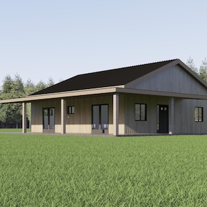 Plattegrond huis, Barndominium, 1 slaapkamer en 2 badkamers met veranda, huisindeling 35 x 40, plattegrond van 1400 vierkante voet, boerderij, WE CUSTOMIZE