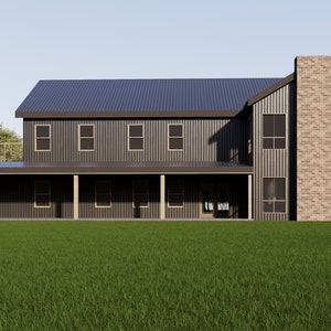 May include: A modern farmhouse with a dark gray exterior, a blue corrugated metal roof, and a brick chimney. The house has a large porch with wooden columns and a second-story deck. The house is surrounded by green grass and trees.