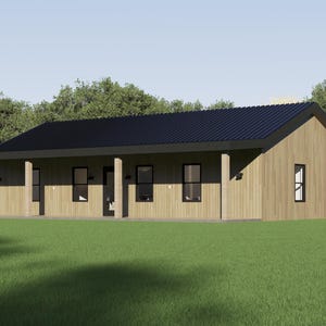 Plattegrond huis, 2 slaapkamers en 2 badkamers Barndominium, plattegrond met veranda, 1200 vierkante voet plattegrond, 25'x48', Americas Best Farm House plattegrond, WE CUSTOMIZE