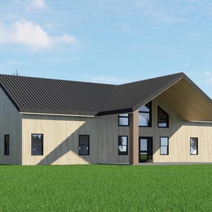Può includere: Una moderna casa a due piani con esterno in legno chiaro e tetto grigio scuro. La casa presenta ampie finestre, un portico coperto ed è situata su un prato verde sotto un cielo blu con nuvole. Il design architettonico è contemporaneo.