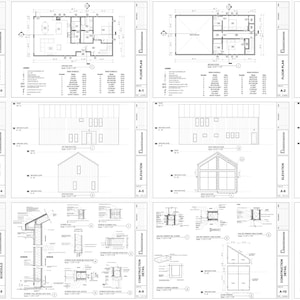 Pode incluir: Planta baixa arquitet&ocirc;nica de uma casa com m&uacute;ltiplos planos de planta, eleva&ccedil;&otilde;es e detalhes. Os planos incluem uma vista em perspectiva, um plano de planta, eleva&ccedil;&otilde;es e cronogramas de portas e janelas.