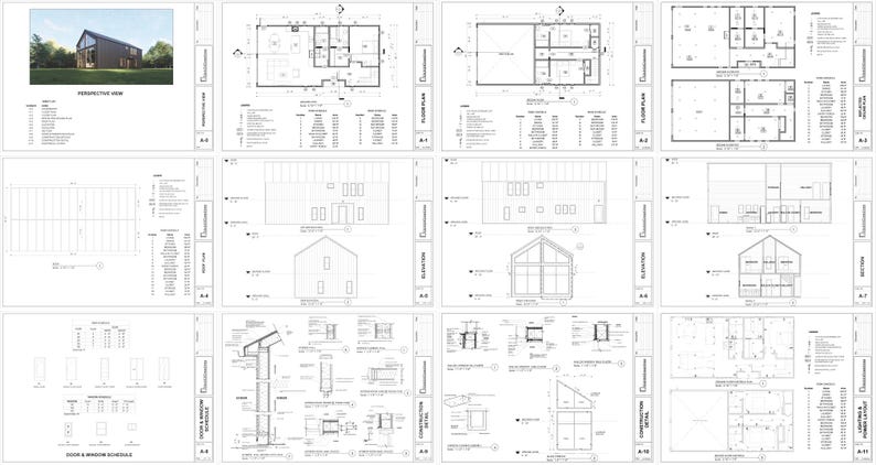 Pode incluir: Planta baixa arquitet&ocirc;nica de uma casa com m&uacute;ltiplos planos de planta, eleva&ccedil;&otilde;es e detalhes. Os planos incluem uma vista em perspectiva, um plano de planta, eleva&ccedil;&otilde;es e cronogramas de portas e janelas.
