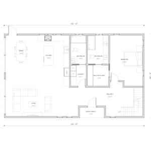 Pode incluir: Um plano de planta em preto e branco de uma casa com uma sala de estar, uma cozinha, um banheiro, um quarto, uma lavanderia, um closet e uma varanda de entrada. O plano de planta mostra as dimens&otilde;es de cada c&ocirc;modo em p&eacute;s.
