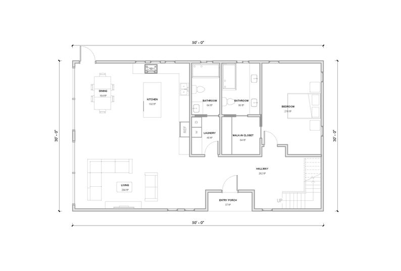 Pode incluir: Um plano de planta em preto e branco de uma casa com uma sala de estar, uma cozinha, um banheiro, um quarto, uma lavanderia, um closet e uma varanda de entrada. O plano de planta mostra as dimens&otilde;es de cada c&ocirc;modo em p&eacute;s.