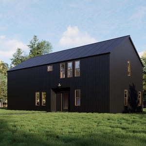 Pode incluir: Uma casa moderna preta com grandes janelas e um telhado de metal preto. A casa &eacute; cercada por &aacute;rvores e um gramado.