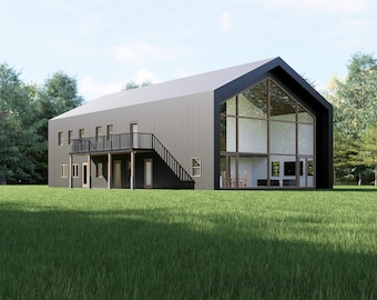 May include: A modern two-story house with a gray exterior and a black roof. The house features large glass windows and a balcony. The building is surrounded by green grass and trees, creating a serene environment.