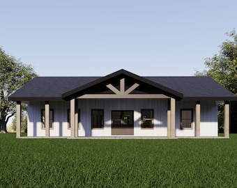 Plano de casa, 3 dormitorios, 2 baños con porche y garaje, plano de planta de 32&#39;x50&#39;, 1600 pies cuadrados. Casa barndominium, diseño de casa en forma de L, PERSONALIZAMOS
