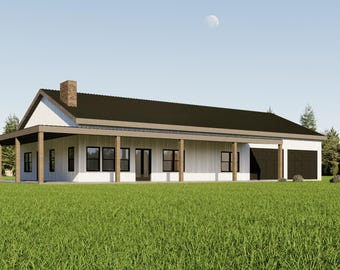 Barndomium Haus Plan | 3 Bett 2 Bad | 40'x75' Grundriss mit 2-Auto Garage, Shop & Veranda | 3000 Quadratfuß Farmhaus-Ranch | Personalisierbar