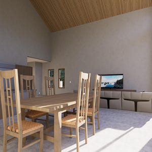 Pode incluir: Uma sala de jantar moderna com uma mesa e cadeiras de madeira. A sala tem grandes janelas com vista para as &aacute;rvores e uma televis&atilde;o de tela plana na parede.
