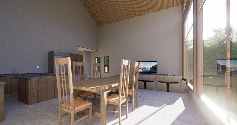 Pode incluir: Uma sala de jantar moderna com uma mesa e cadeiras de madeira. A sala tem grandes janelas com vista para as &aacute;rvores e uma televis&atilde;o de tela plana na parede.