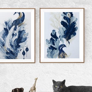 Blue Grey Peacock Wall Art | Vintage Wall Art | Blue Ivory and Gold Peacock Print | Antique Wall Decor  | Digital DOWNLOAD | PRINTABLE Art