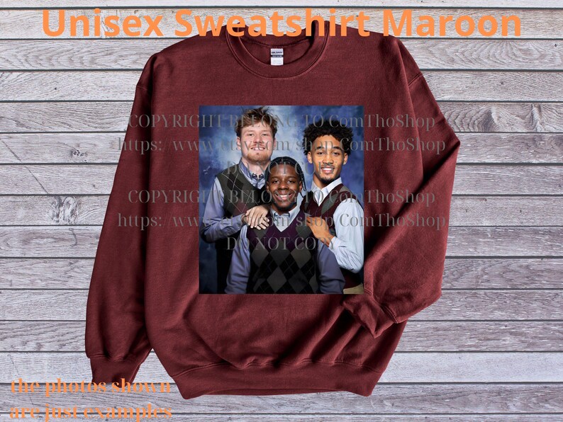 May include: Maroon unisex sweatshirt with a printed image of three people. The sweatshirt has long sleeves and a crew neck. The text "Unisex Sweatshirt Maroon" is at the top of the image. The image also contains the text "COPYRIGHT BIO TO Com ThoShop" and "https://www.yomshop.com ThoShop".