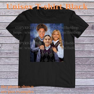 May include: Black unisex t-shirt featuring a group photo of three people. The image on the shirt includes the text "COPYRIGHT BELONG TO ComThoShop" and "https://www.comThoShop". The shirt also has the text "Unisex T-shirt Black".