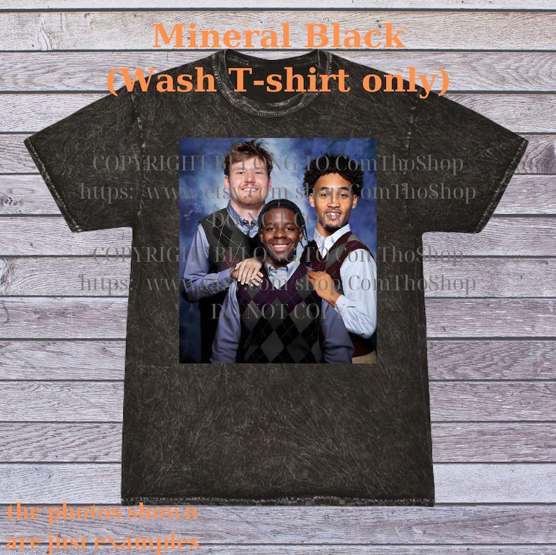 May include: Mineral black t-shirt with a graphic of three people wearing argyle vests. The text "Mineral Black (wash T-shirt only)" is at the top. The shirt has a distressed look.