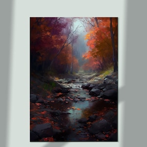 May include: A digital painting of a stream flowing through a forest in autumn. The trees have red and orange leaves, and the water is clear and blue. The stream is surrounded by rocks and fallen leaves.