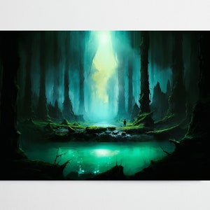 May include: A dark, mysterious forest scene with tall, moss-covered trees and a glowing pool of water in the center. A lone figure stands in the distance, silhouetted against the light.