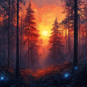 May include: A painting depicting a forest with tall trees and a bright orange sunset in the background. The sun is setting behind the trees, casting a warm glow on the forest floor. There are small blue lights scattered throughout the forest.